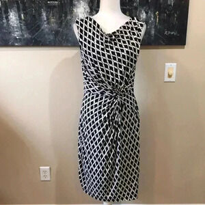 Lauren Ralph Lauren Black & White Draped Neck Knotted Cinch Waist Midi Dress-10